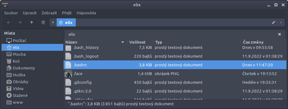 Soubor .bashrc ve správci souborů